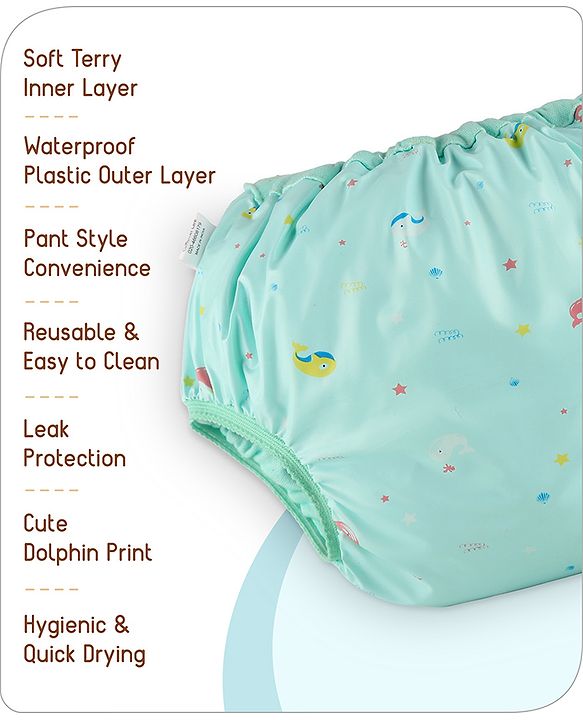Babyhug Waterproof Pant Style Nappy with Elastic Small Size Set of 3 - Dolphin Print| Reusable| Easy to Clean and Maintain| Leak Proof| Soft Terry Inner Lining