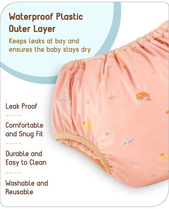 Babyhug Waterproof Pant Style Nappy with Elastic Small Size Set of 3 - Dolphin Print| Reusable| Easy to Clean and Maintain| Leak Proof| Soft Terry Inner Lining
