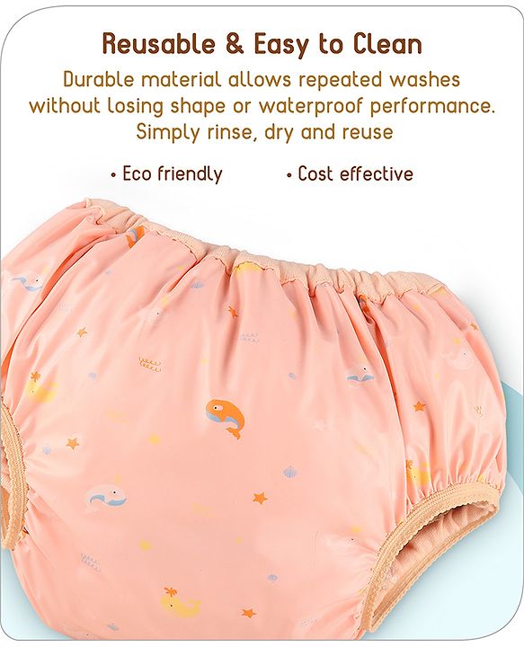 Babyhug Waterproof Pant Style Nappy with Elastic Small Size Set of 3 - Dolphin Print| Reusable| Easy to Clean and Maintain| Leak Proof| Soft Terry Inner Lining