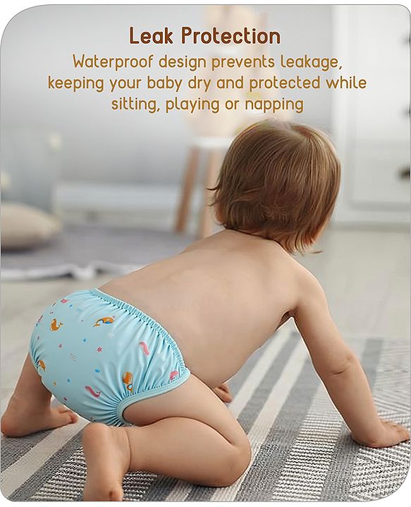 Babyhug Waterproof Pant Style Nappy with Elastic Small Size Set of 3 - Dolphin Print| Reusable| Easy to Clean and Maintain| Leak Proof| Soft Terry Inner Lining