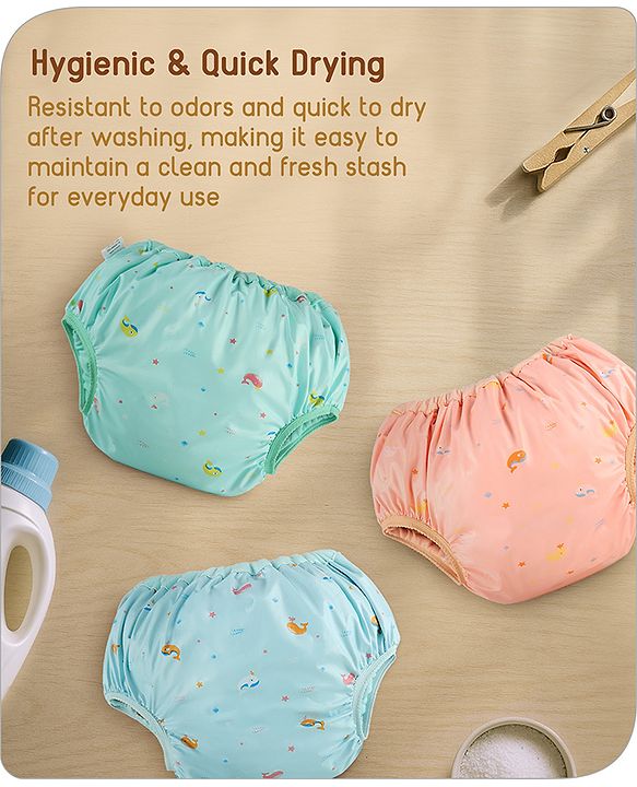 Babyhug Waterproof Pant Style Nappy with Elastic Small Size Set of 3 - Dolphin Print| Reusable| Easy to Clean and Maintain| Leak Proof| Soft Terry Inner Lining