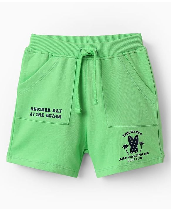Babyhug Terry Cotton Knit Knee Length Shorts With Text Print - Light Green