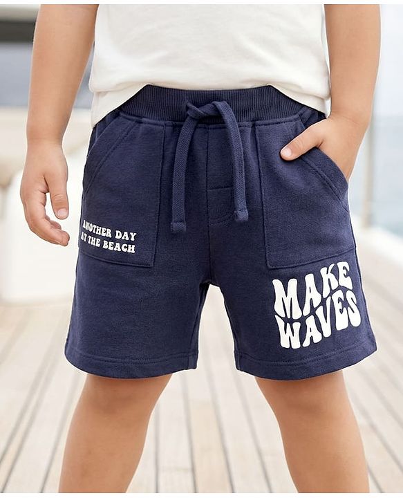 Babyhug Terry Cotton Knit Knee Length Shorts With Text Print - Navy Blue