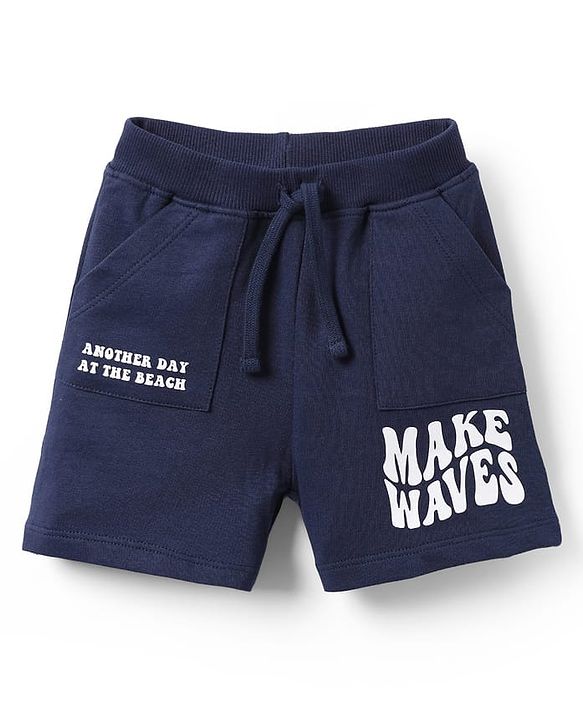 Babyhug Terry Cotton Knit Knee Length Shorts With Text Print - Navy Blue