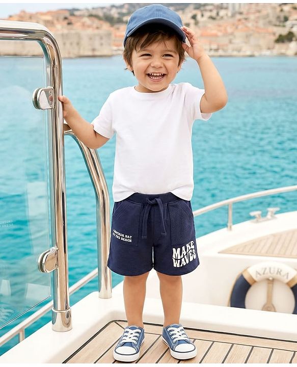 Babyhug Terry Cotton Knit Knee Length Shorts With Text Print - Navy Blue