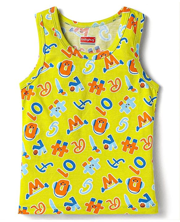 Babyhug 100% Cotton Single Jersey Knit Sleeveless Sando With Letter Print - Limegreen