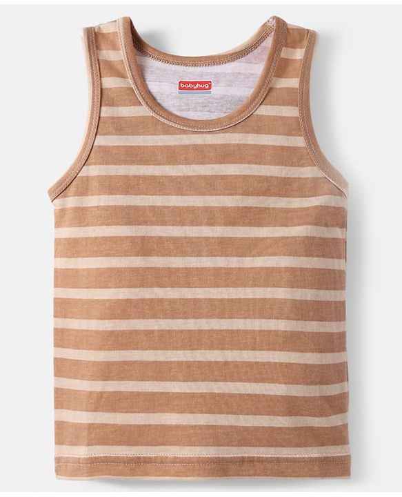 Babyhug 100% Cotton Single Jersey Knit Sleeveless Sando With Stripes - Brown