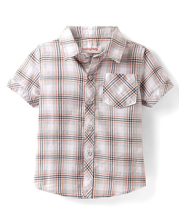 Babyhug Cotton Woven Half Sleeves Checks Shirt & Shorts Set - Beige & Navy Blue