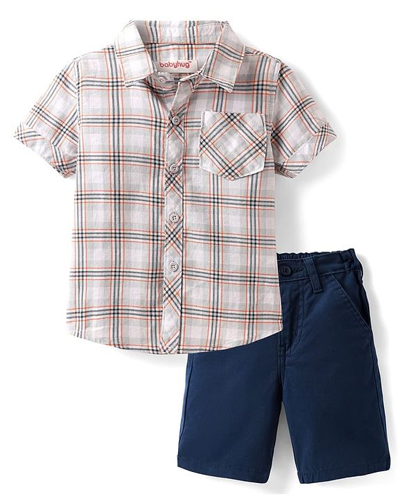 Babyhug Cotton Woven Half Sleeves Checks Shirt & Shorts Set - Beige & Navy Blue