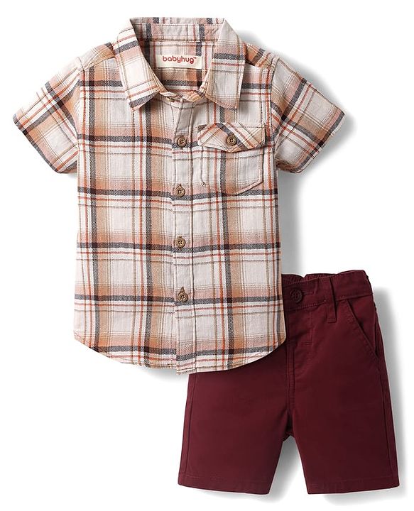 Babyhug Cotton Woven Half Sleeves Checkered Shirt & Shorts Set - Maroon