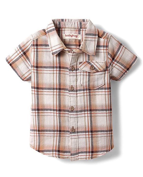 Babyhug Cotton Woven Half Sleeves Checkered Shirt & Shorts Set - Maroon