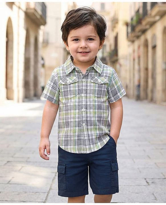 Babyhug Cotton Knit Half Sleeves Shirt & Shorts Set with Checks - Light Blue & Navy Blue