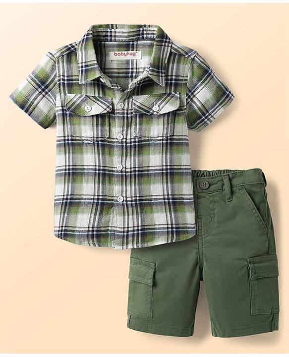 Babyhug 100% Cotton Knit Half Sleeves Shirt & Shorts Set with Checks - Olive Green