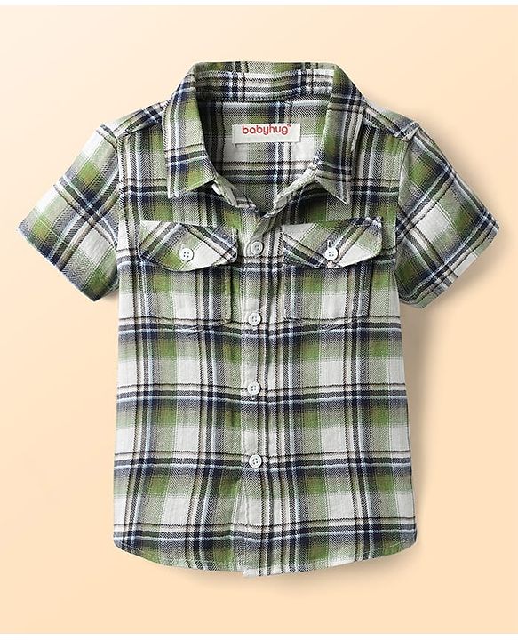 Babyhug 100% Cotton Knit Half Sleeves Shirt & Shorts Set with Checks - Olive Green