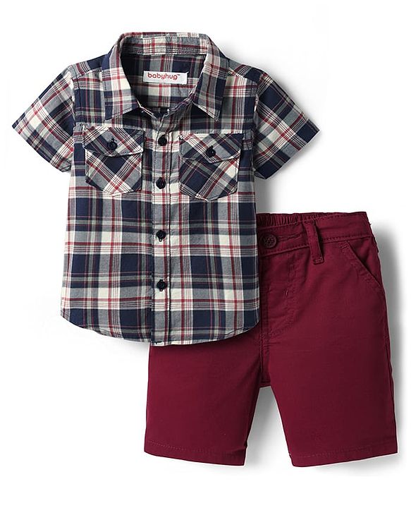 Babyhug Cotton Knit Half Sleeves Shirt & Shorts Set with Checks - Maroon & Navy Blue