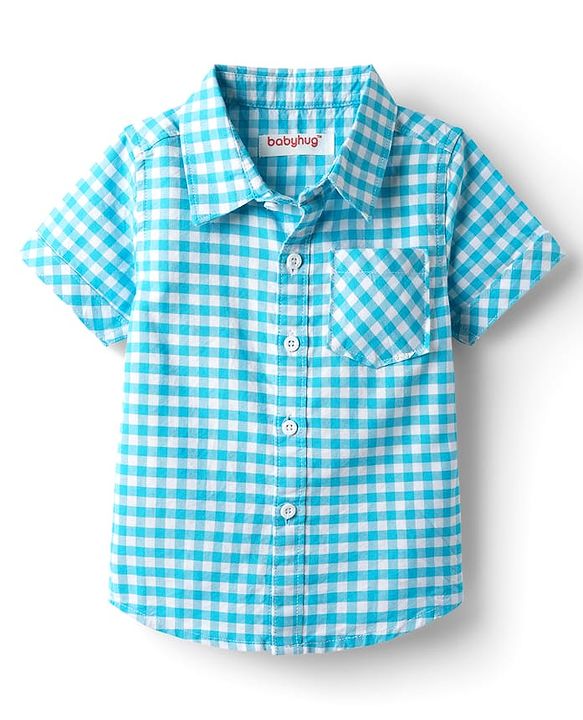 Babyhug Cotton  Woven Half Sleeves Shirt & Shorts Set with Checks  -  Light Blue