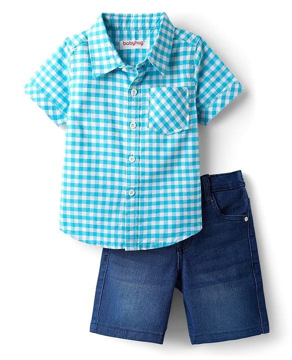 Babyhug Cotton  Woven Half Sleeves Shirt & Shorts Set with Checks  -  Light Blue