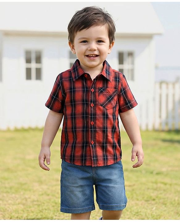 Babyhug Cotton Woven Half Sleeves Shirt & Short Set With Checks Print - Red & Blue