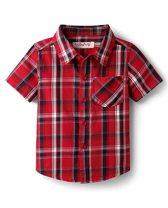 Babyhug Cotton Woven Half Sleeves Shirt & Shorts Set with Checks - Red & Tan