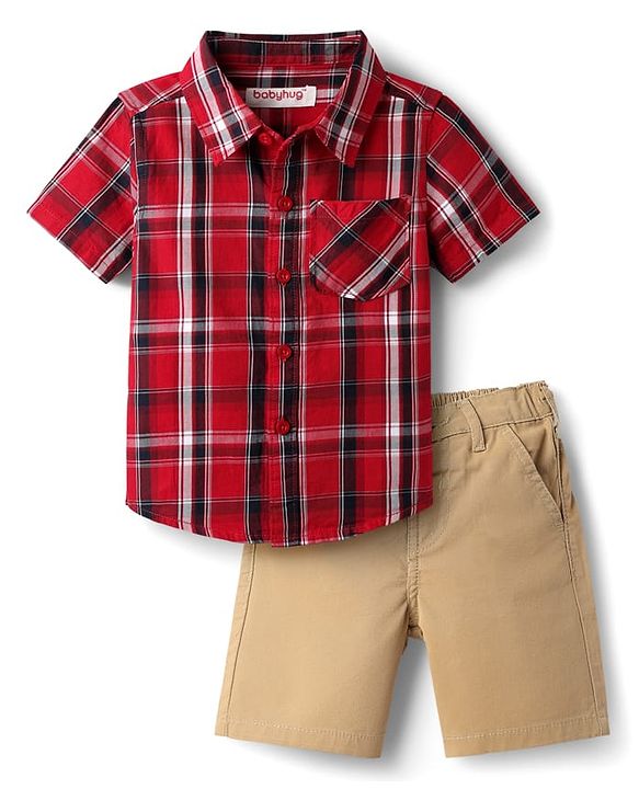 Babyhug Cotton Woven Half Sleeves Shirt & Shorts Set with Checks - Red & Tan