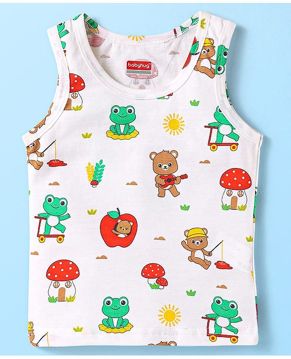 Babyhug 100% Cotton Single Jersey Knit Sleeveless Sando With Animal Print - White