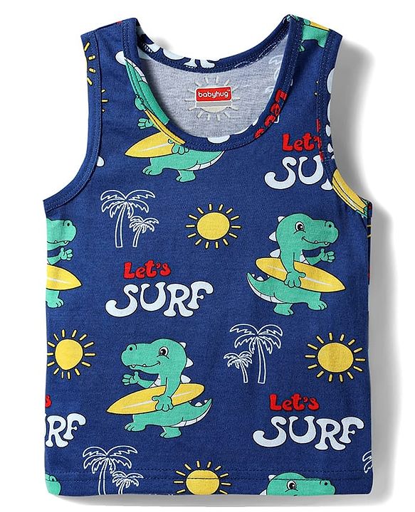 Babyhug 100% Cotton Single Jersey Knit Sando With Dino Print - Blue