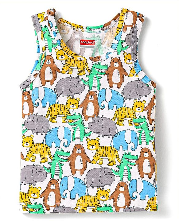 Babyhug 100% Cotton Knit Sleeveless Sando With Animal Print - White