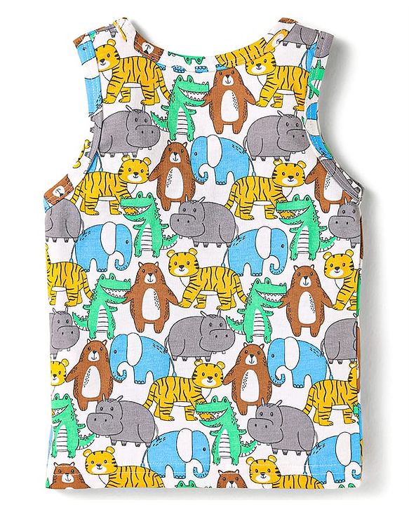 Babyhug 100% Cotton Knit Sleeveless Sando With Animal Print - White