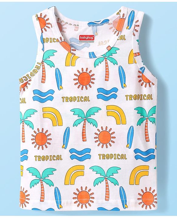 Babyhug 100% Cotton Single Jersey Knit Sando With Tropical Print - White