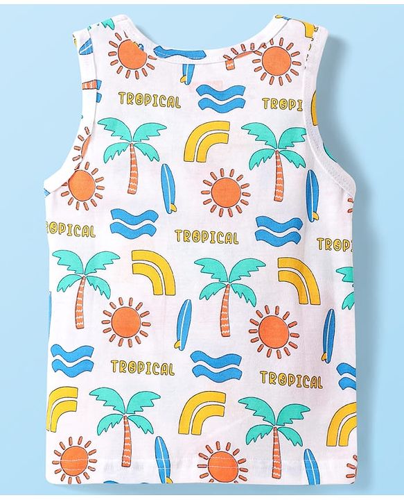 Babyhug 100% Cotton Single Jersey Knit Sando With Tropical Print - White