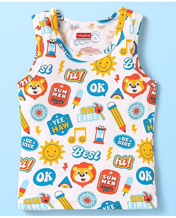 Babyhug 100% Cotton Single Jersey Knit Sando With Text Print - White