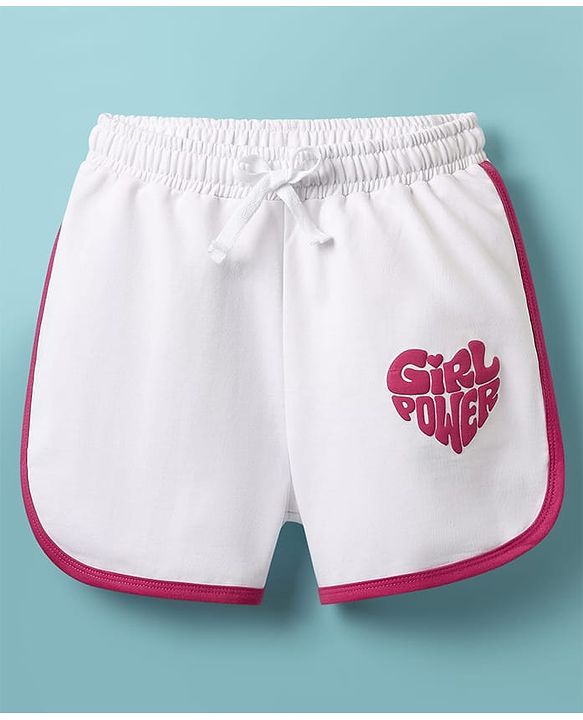 Pine Kids Looper Knit Mid Thigh Shorts With Text Print - White
