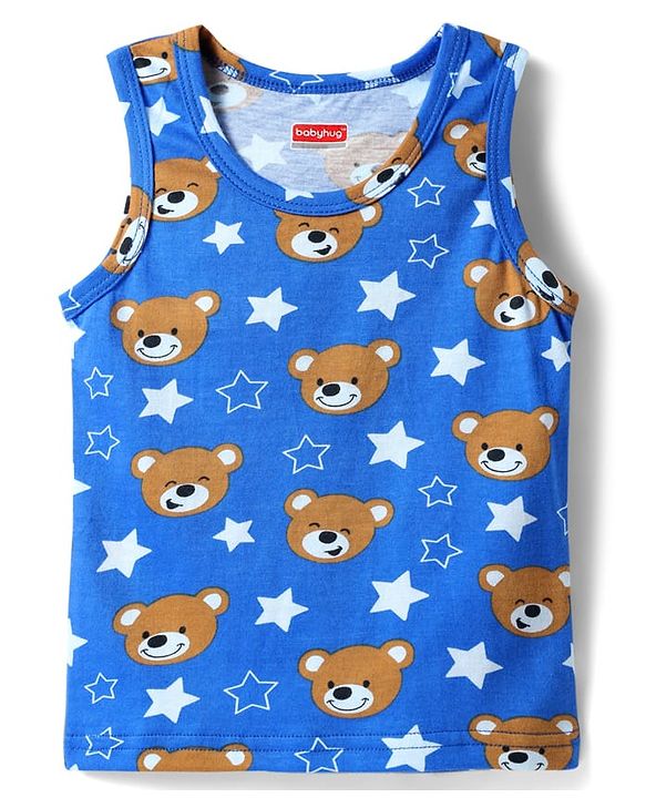 Babyhug 100% Cotton Single Jersey Knit Sando With Bear Print - Blue
