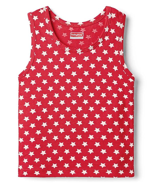 Babyhug 100% Cotton Single Jersey Knit Sleeveless Sando With Star Print - Red