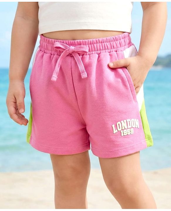 Babyhug Cotton Terry Knit Mid Thigh Shorts With London Embossed Print - Pink