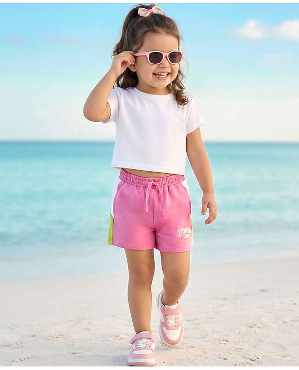 Babyhug Cotton Terry Knit Mid Thigh Shorts With London Embossed Print - Pink