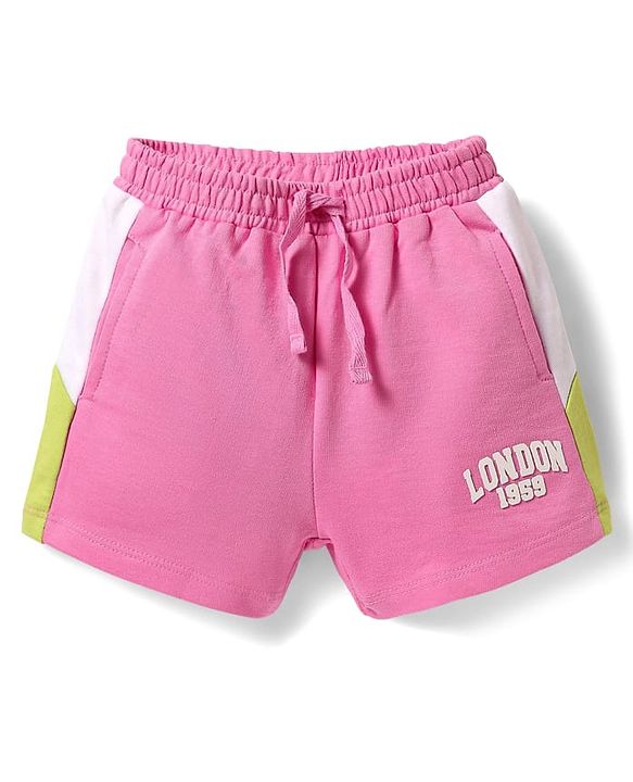 Babyhug Cotton Terry Knit Mid Thigh Shorts With London Embossed Print - Pink