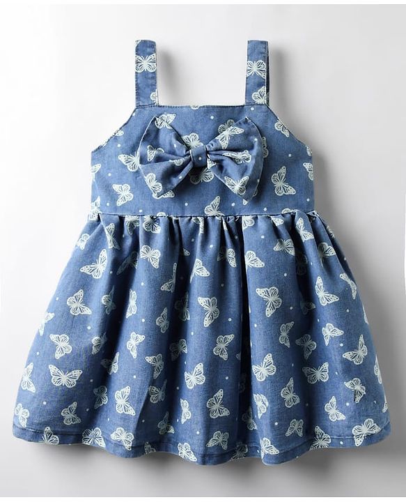 Babyhug Cotton Woven Sleeveless Frock With Butterfly Print & Bow Applique - Blue