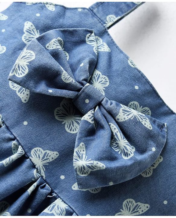Babyhug Cotton Woven Sleeveless Frock With Butterfly Print & Bow Applique - Blue