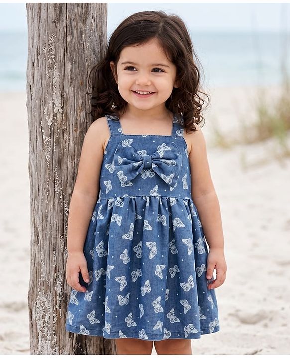 Babyhug Cotton Woven Sleeveless Frock With Butterfly Print & Bow Applique - Blue