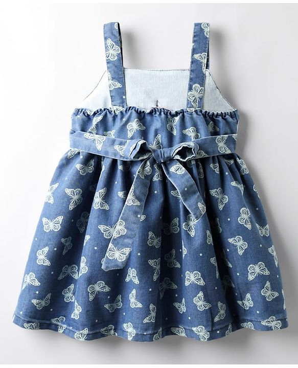 Babyhug Cotton Woven Sleeveless Frock With Butterfly Print & Bow Applique - Blue