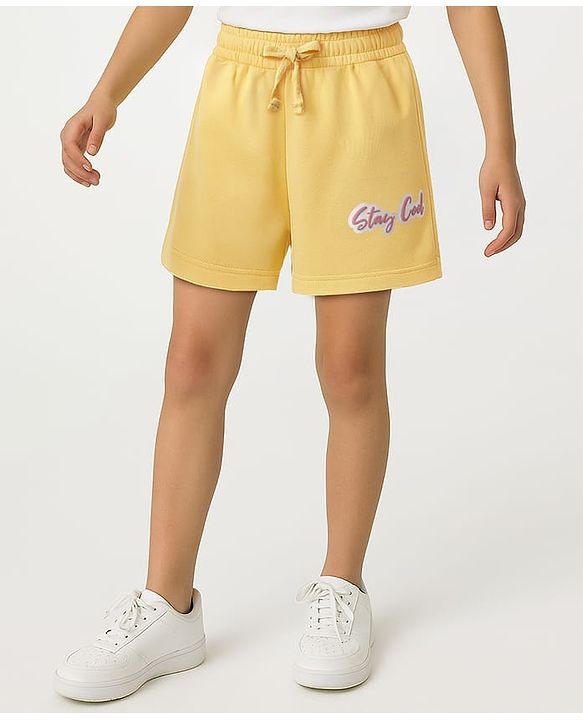 Pine Kids Looper Knit Mid Thigh Shorts With Puff Print - Yellow