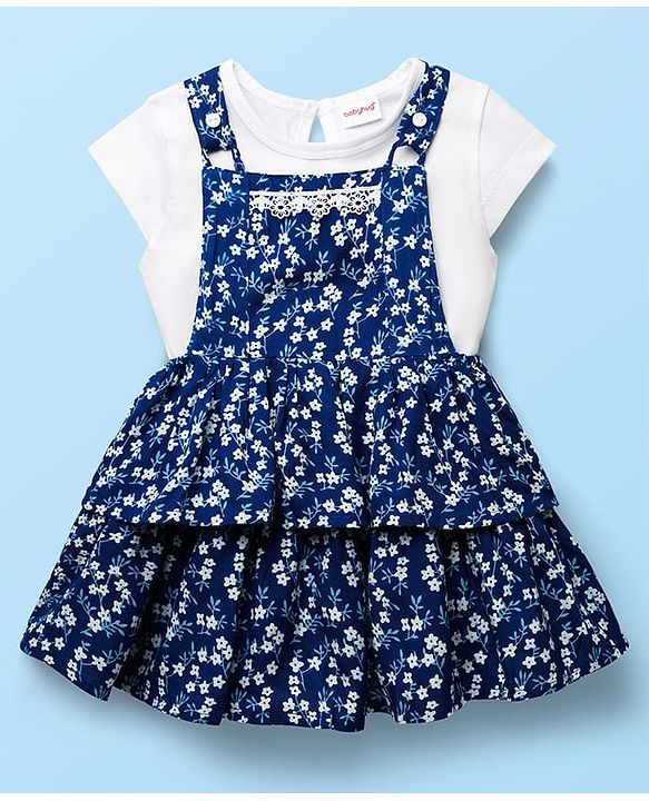 Babyhug Cotton Knit Frock & Half Sleeves Inner Tee With Floral Print & Lace Detailing - Navy Blue & White