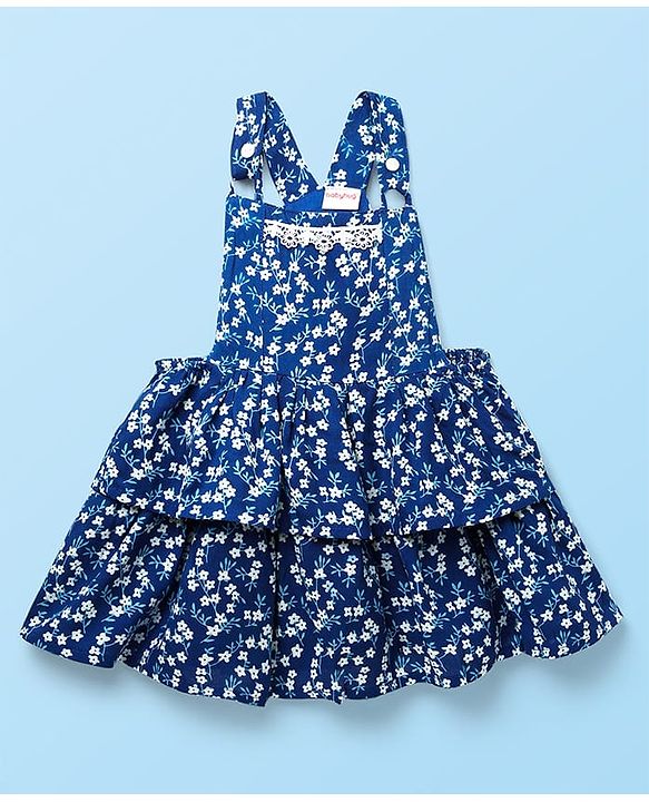 Babyhug Cotton Knit Frock & Half Sleeves Inner Tee With Floral Print & Lace Detailing - Navy Blue & White