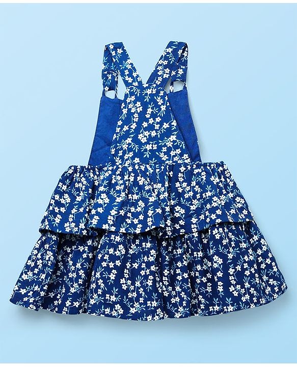 Babyhug Cotton Knit Frock & Half Sleeves Inner Tee With Floral Print & Lace Detailing - Navy Blue & White