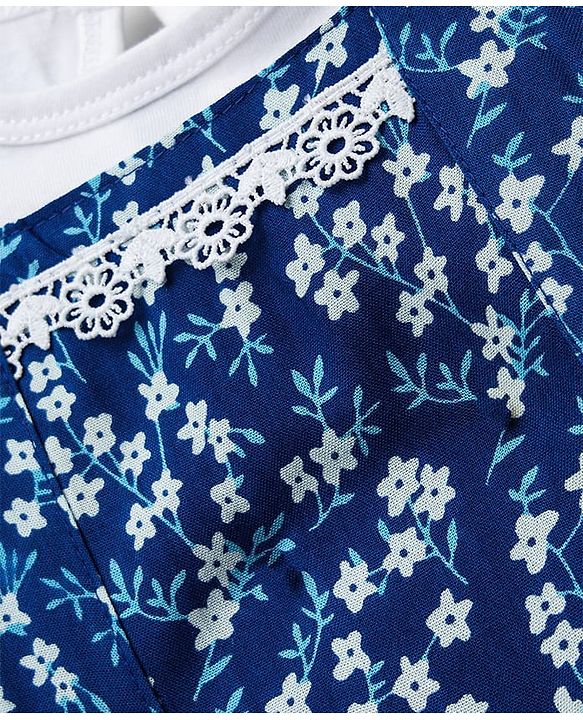 Babyhug Cotton Knit Frock & Half Sleeves Inner Tee With Floral Print & Lace Detailing - Navy Blue & White