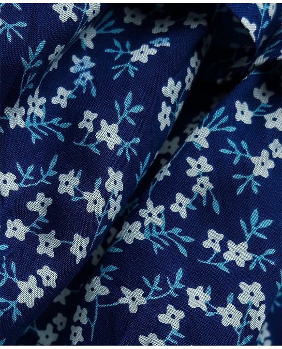 Babyhug Cotton Knit Frock & Half Sleeves Inner Tee With Floral Print & Lace Detailing - Navy Blue & White