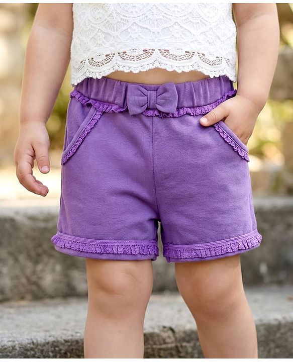 Babyhug Cotton Terry Knit Mid Thigh Solid Shorts With Bow Applique - Purple