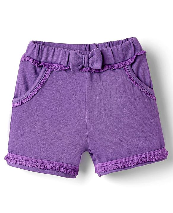 Babyhug Cotton Terry Knit Mid Thigh Solid Shorts With Bow Applique - Purple