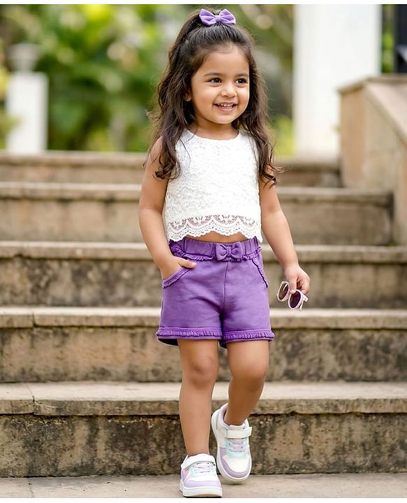 Babyhug Cotton Terry Knit Mid Thigh Solid Shorts With Bow Applique - Purple